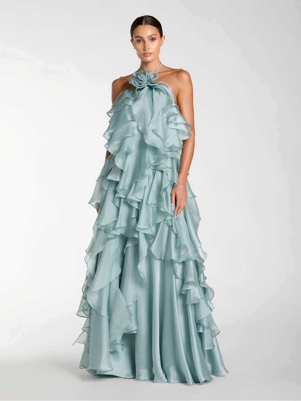 IEENA FOR MAC DUGGAL
Blue Halter Neck Open Back Trapeze Ruffle Gown